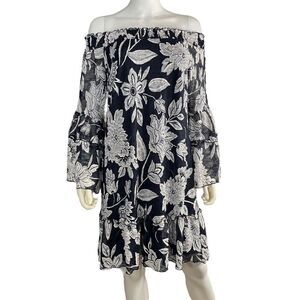 Westport Long Sleeve Off the Shoulder Lace Floral Dress Navy Blue White